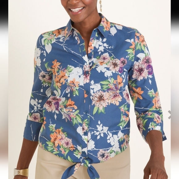 Host Pick Chico's No-Iron Cotton Bloom-Print Shirt Blue with Floral Print Size 3 - Picture 1 of 10